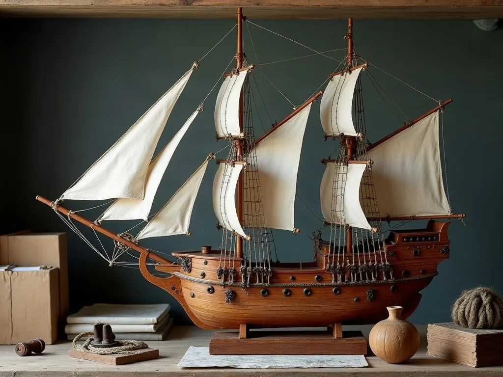 Maquette en bois d'une caraque espagnole à châteaux hauts et voiles carrées, posée sur son socle.