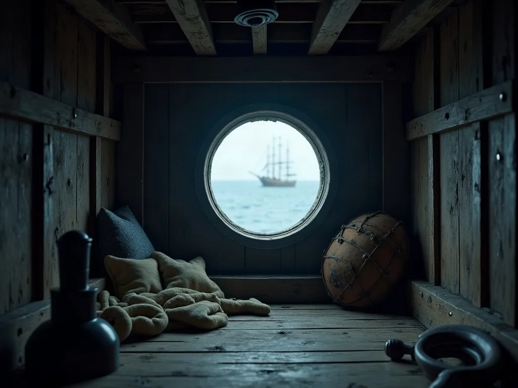 Intérieur de cale de navire ancien avec hublot rond donnant sur un voilier en mer, coussins et cordages sur le plancher de bois usé.