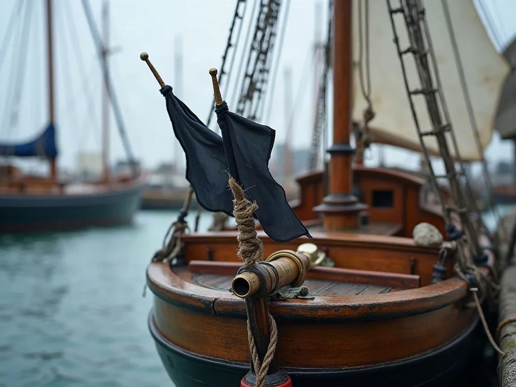 À la poupe, deux petits drapeaux noirs sur hampes de laiton et une longue-vue posée sur le plat-bord verni.