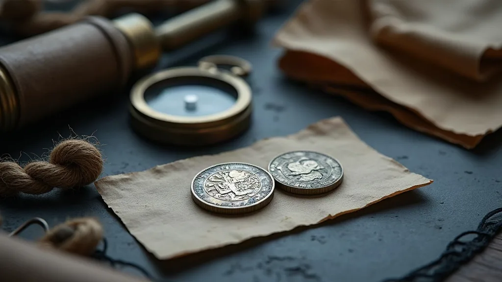 Deux pièces d'argent posées sur un rectangle de papier usé, près d'une boussole en laiton et d'un cordage.