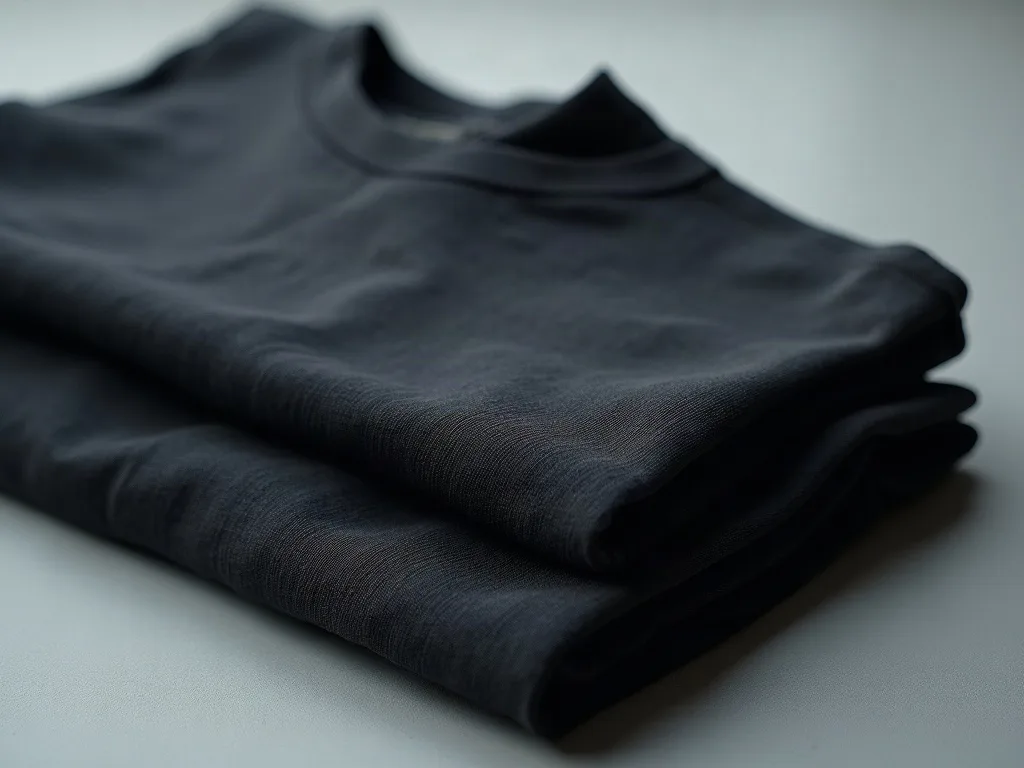 Deux tee-shirts noirs pliés sur fond gris clair, dont l'un laisse voir la trame serrée du jersey au col.