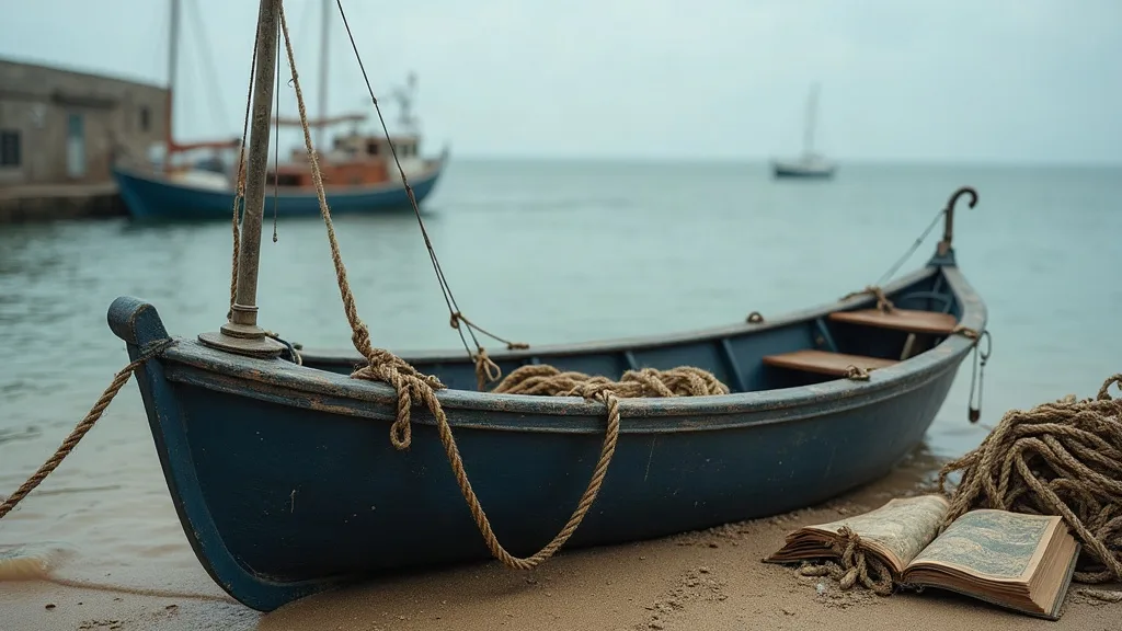 Barque en bois bleue échouée sur le sable, cordages usés et livre ouvert posés à côté de la coque.