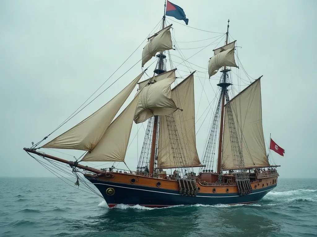 Goélette en bois à deux mâts, coque bleue et voiles écrues déployées sous un ciel gris, mer agitée.