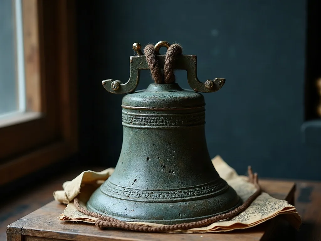 Cloche de navire en bronze patinée de vert, cordage tressé à l'anse, posée sur une toile et un papier ancien près d'une fenêtre.