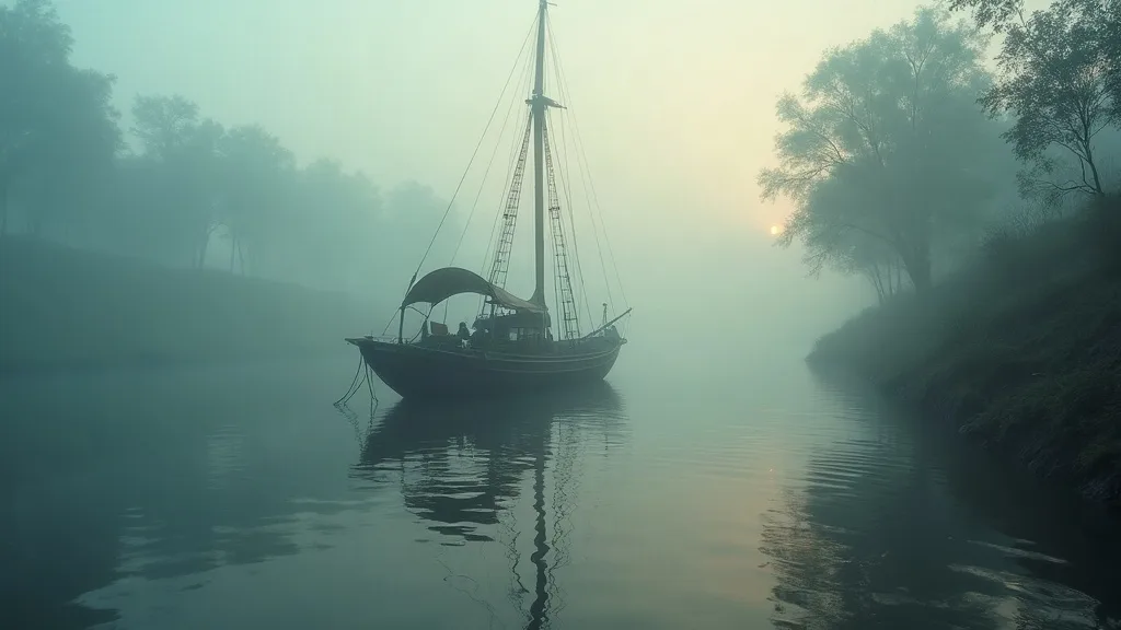 Voilier traditionnel ancré dans le brouillard matinal d'un fleuve, ses voiles repliées se reflétant sur l'eau calme.