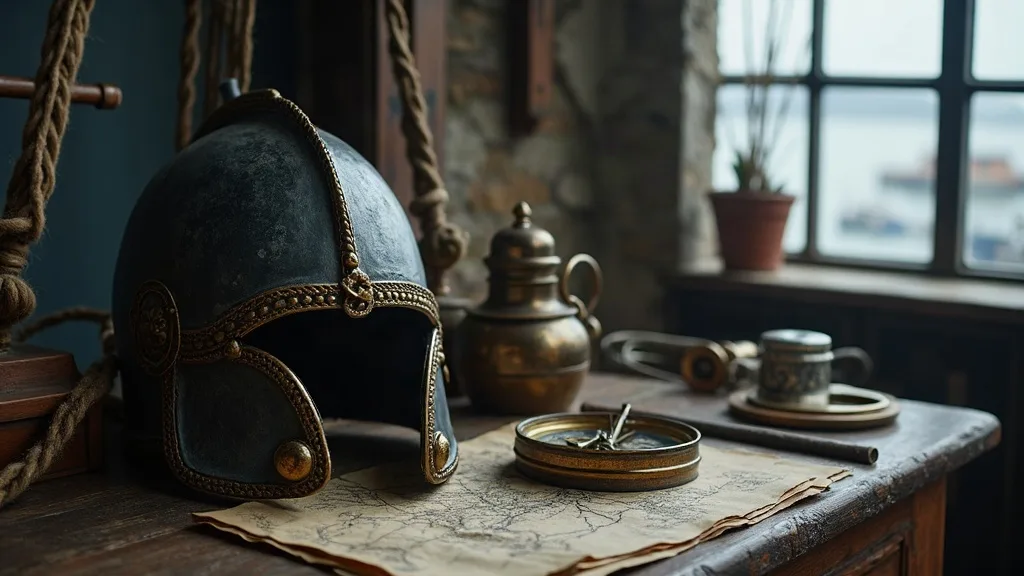 Casque de métal orné de laiton posé près d'une carte ancienne et d'une boussole, sur une table de bois usée.