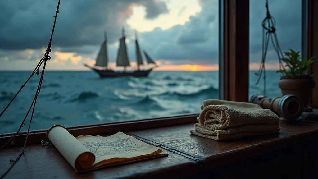 Carte marine déroulée sur le rebord d'une cabine, avec vue sur un voilier à trois mâts au coucher du soleil.