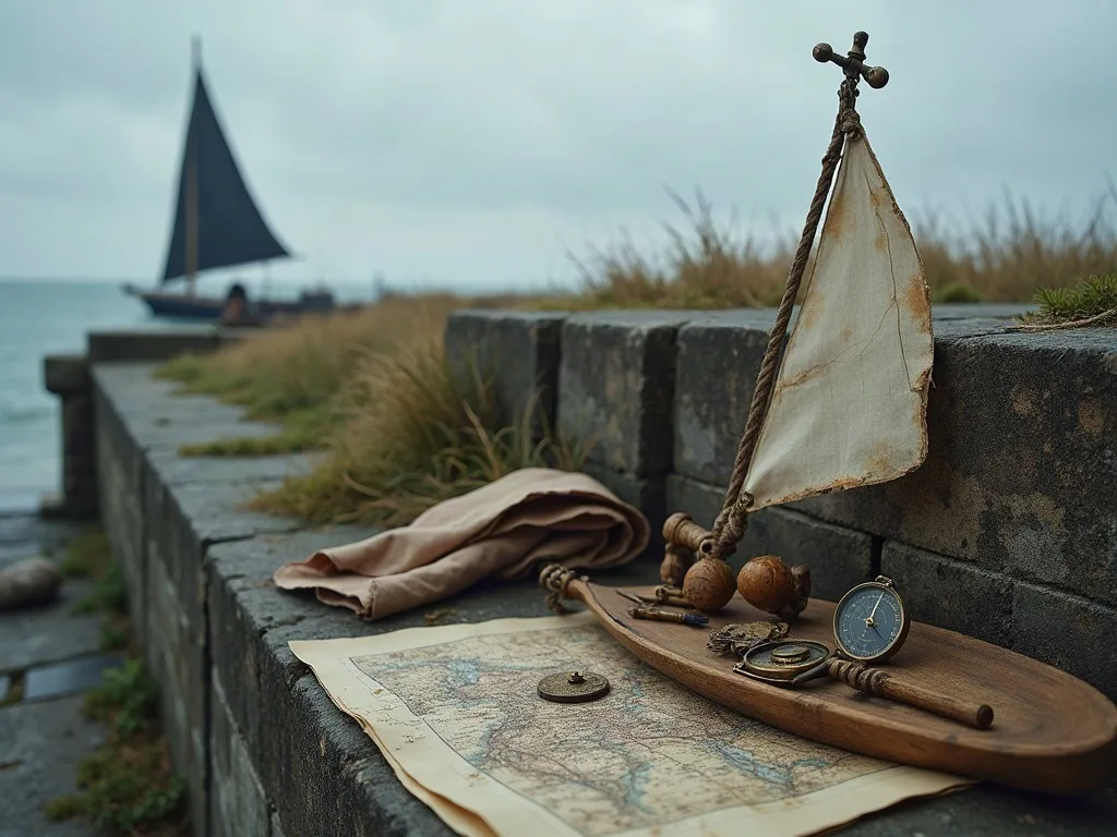 Sur un muret de pierre, maquette de voilier en bois, carte marine, montre de gousset et toile pliée face à la mer.