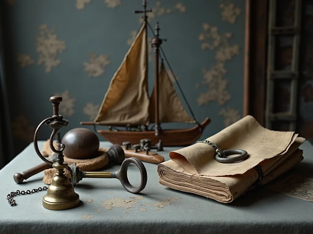 Sur la table grise, une cloche en laiton, une grosse clé en fer, un anneau et une liasse de toile épaisse devant une maquette de voilier.