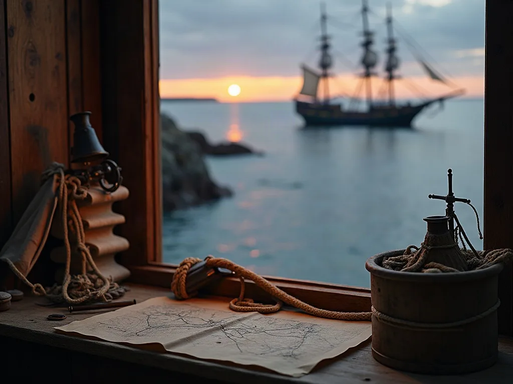 Carte marine, cordages et instruments de navigation devant un voilier au coucher de soleil sur les eaux calmes du port.