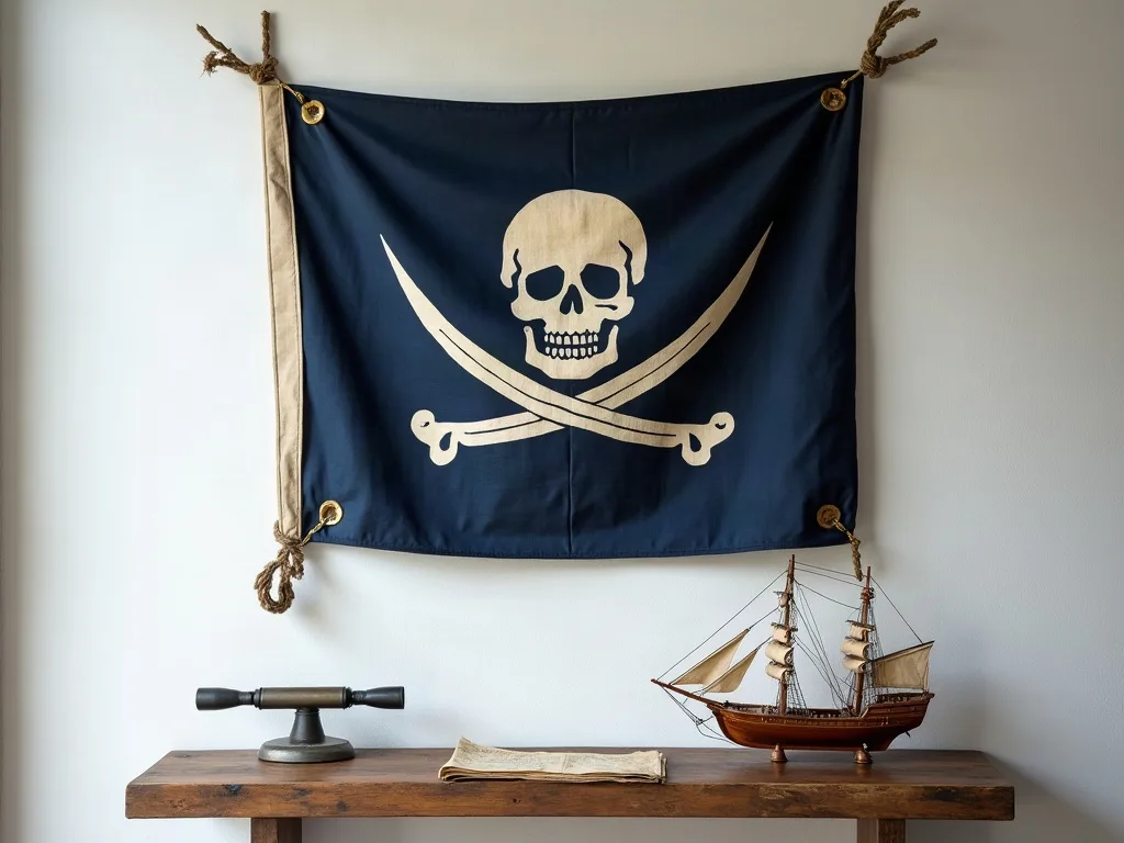 Pavillon noir à tête de mort tendu par ses œillets laiton et cordages, au-dessus d'une console en bois portant une longue-vue et un voilier miniature.