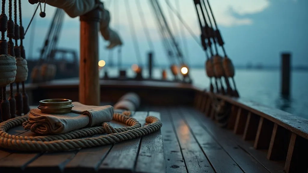 Cordages enroulés et poulies sur le pont en bois d'un navire au crépuscule face à la mer.