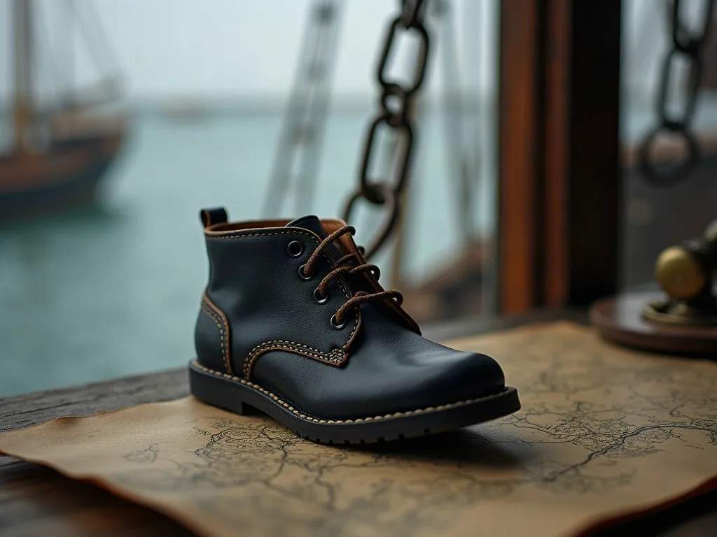 Petite bottine de cuir noir lacée, posée sur une carte ancienne devant un port brumeux et des chaînes de gréement.