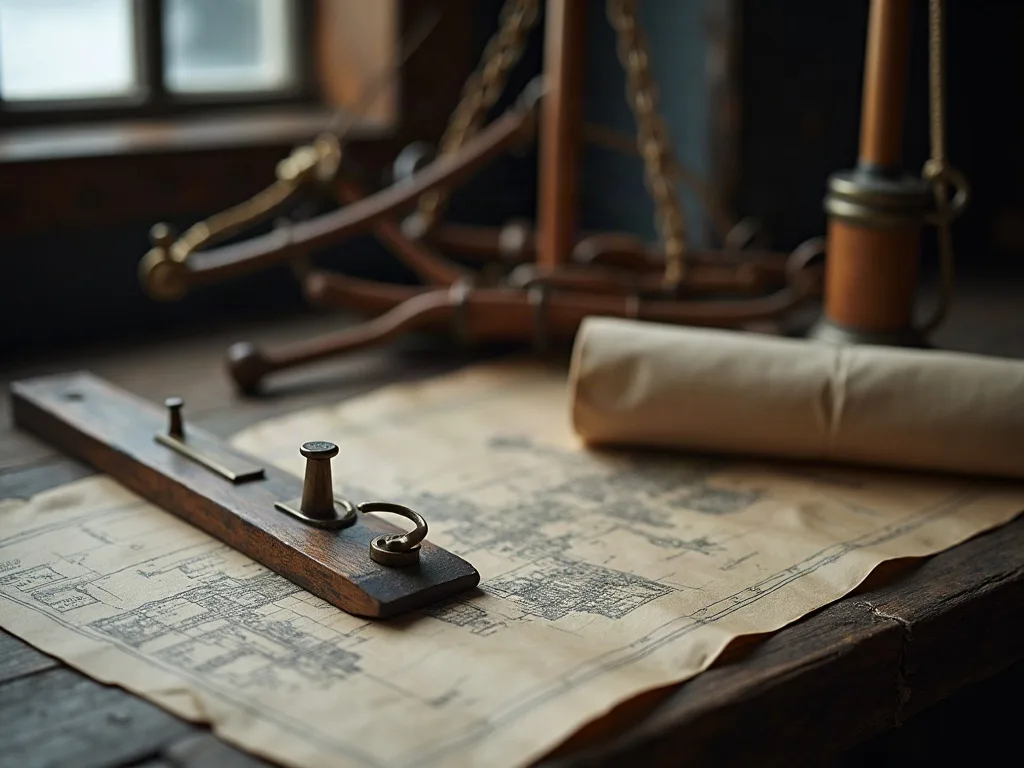 Plans techniques dépliés sur une table en bois sombre, maintenus par une règle et des pièces de laiton.