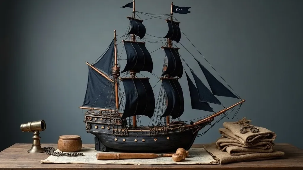 Maquette de galion à coque noire et voiles sombres, posée sur une table en bois avec longue-vue, pot tourné et toiles de lin pliées.