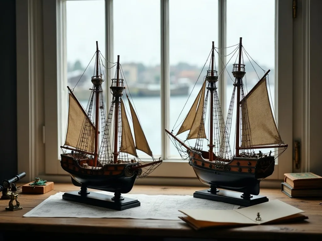 Deux maquettes de voiliers gréées sur socles noirs, posées sur une carte marine devant la fenêtre.