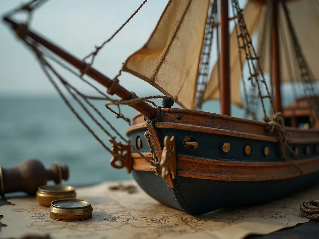 Proue et beaupré d'une maquette de voilier à coque noire, posée sur une carte marine avec compas en laiton.