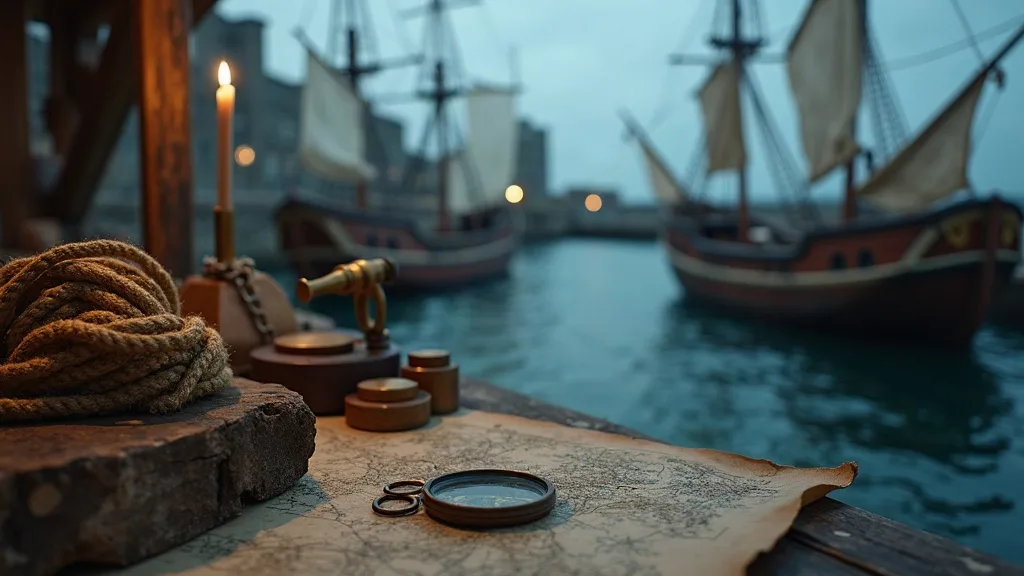 Sur le quai, une carte marine, une loupe et un cordage près de voiliers amarrés au crépuscule.