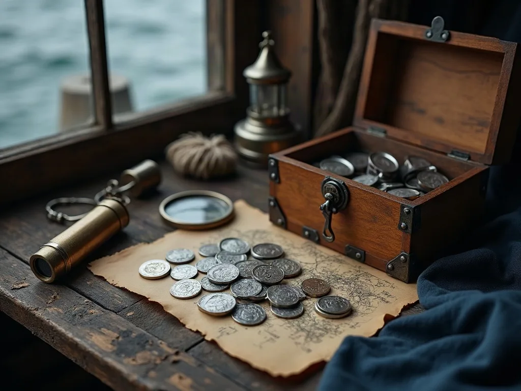 Pièces d'argent étalées sur une carte de papier, près d'un coffret en bois ouvert, d'une longue-vue en laiton et d'une loupe, devant une fenêtre donnant sur la mer.
