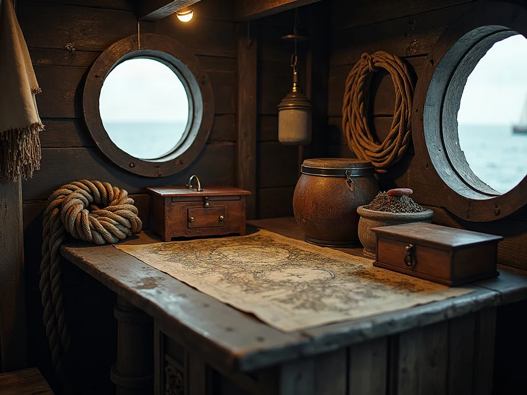 Intérieur de cabine de navire avec cartes marines, cordages enroulés, coffres en bois et hublots donnant sur la mer.