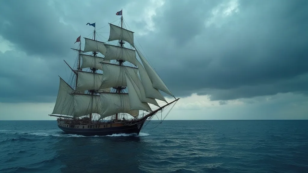 Voilier aux multiples mâts navigue en mer avec voiles gonflées sous un ciel nuageux et menaçant.