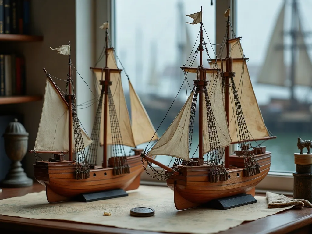 Deux maquettes de voiliers en bois à gréement gréé, posées sur une carte marine ancienne devant une fenêtre donnant sur un port.