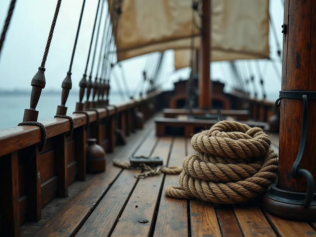 Cordage enroulé sur le pont en bois d'un navire ancien, voiles déchirées visibles en arrière-plan.