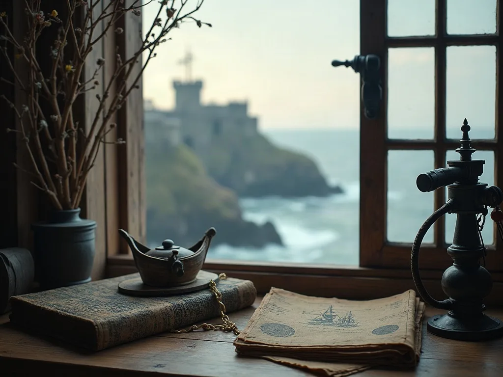 Fenêtre ouverte sur un château côtier, avec sur le rebord une théière en métal, des livres anciens et une carte marine jaunie.