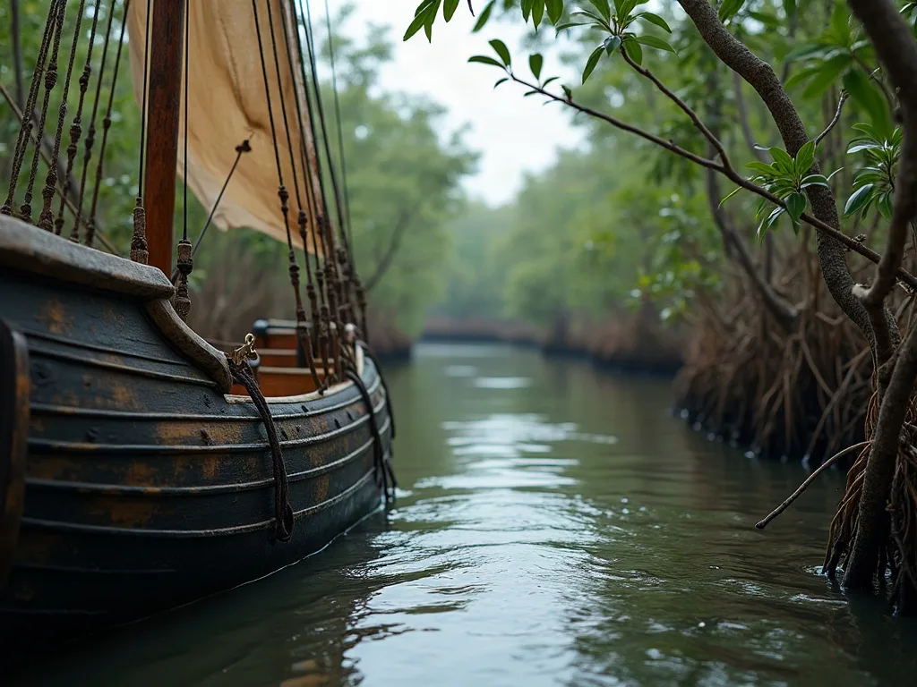 Coque en bois à faible tirant d'eau engagée dans un chenal étroit, entre racines de mangrove et eau trouble.