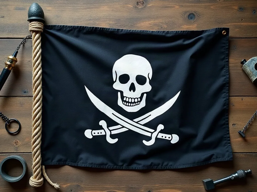 Drapeau noir en toile posé à plat sur des planches, crâne blanc et deux sabres croisés, hampe entourée de corde.