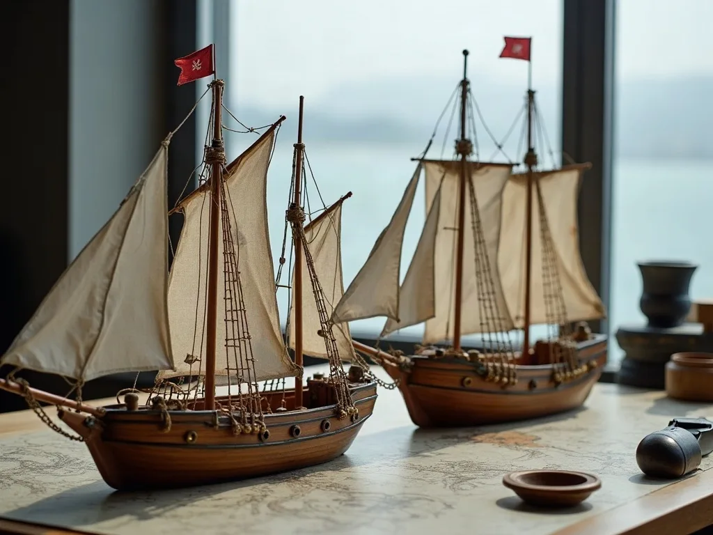 Deux maquettes de voiliers en bois aux voiles de toile écrue, posées sur une carte marine devant une fenêtre.