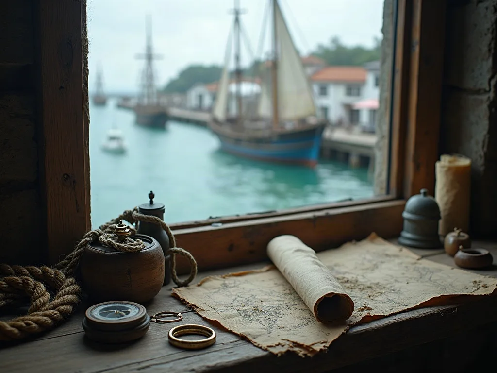 Sur un rebord de fenêtre en bois, cartes roulées, boussole, cordages et pots devant un voilier amarré au port.