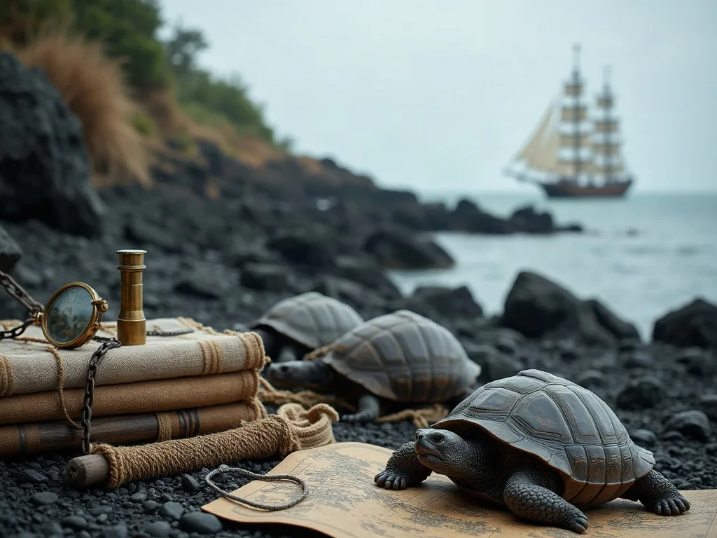Sur la côte de lave, des tortues géantes près de carnets, longue-vue et carte, un trois-mâts au mouillage.