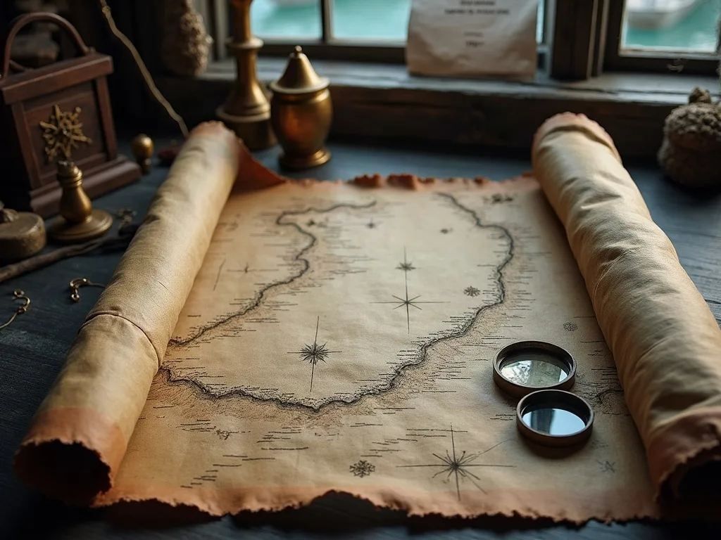Carte au trésor sur parchemin déroulée sur un bureau sombre, entre chandeliers en laiton et loupe près de la fenêtre.