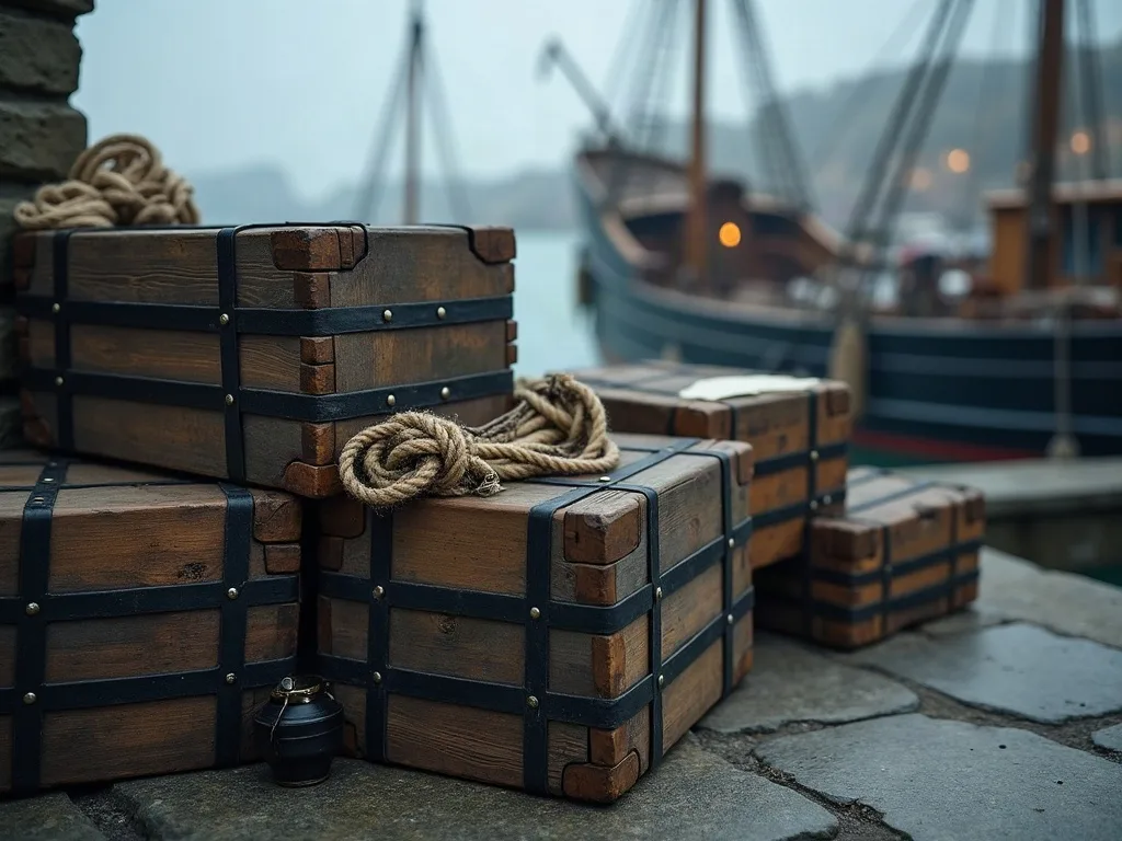 Caisses de bois cerclées de fer empilées sur le quai de pierre, cordage lové, voilier amarré dans la brume.