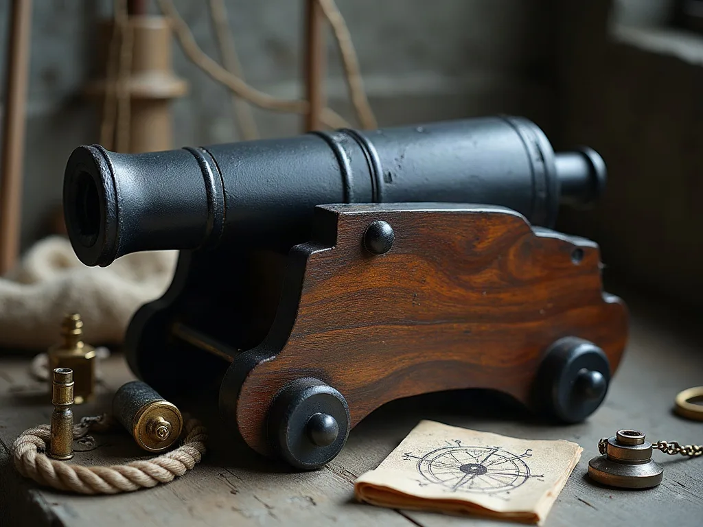 Canon de petit calibre en fonte sur son affût de bois, entouré de cordage, laiton et rose des vents.