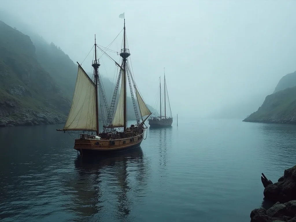 Voiliers de bois mouillés dans un chenal étroit, brume épaisse et falaises rocheuses sous une lumière froide du nord.