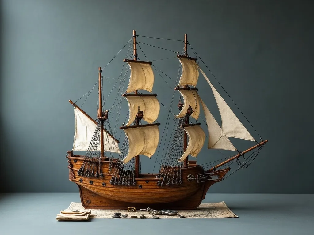 Coque en bois verni, château arrière surélevé et trois mâts gréés de voiles carrées, posés sur une carte ancienne.