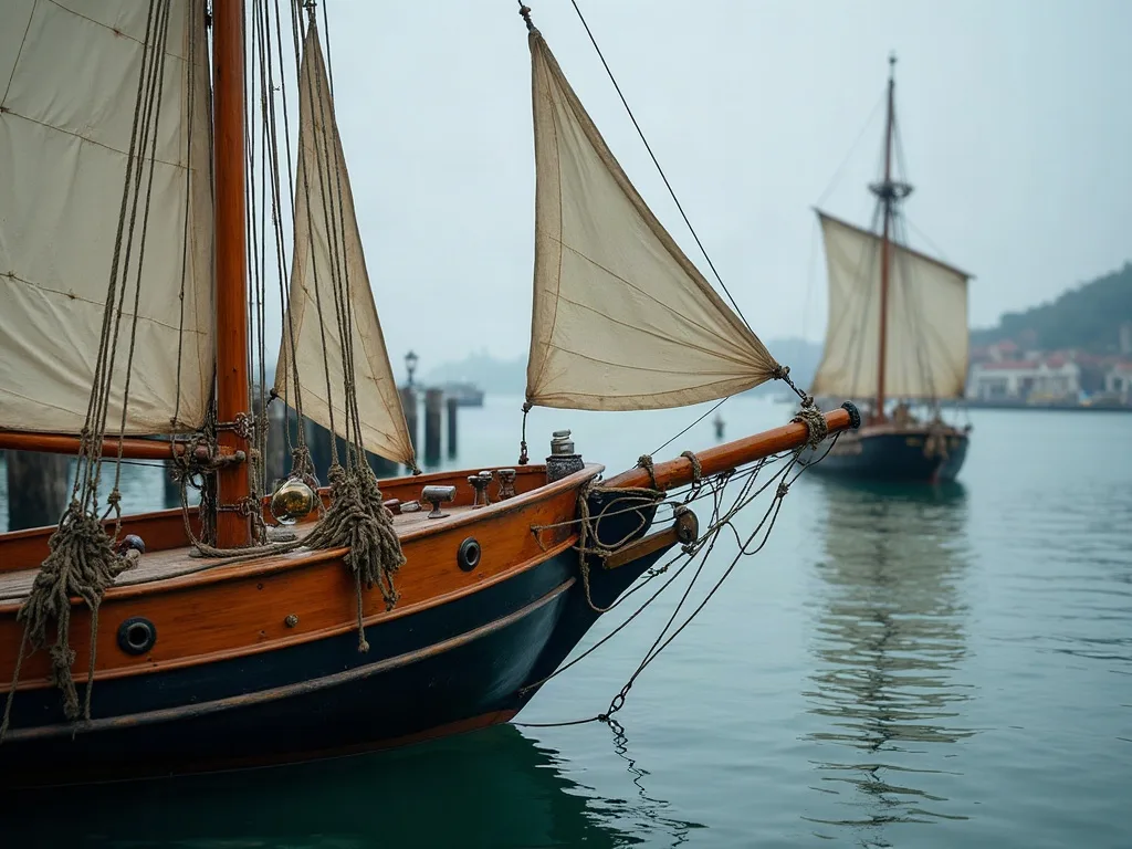 Sloop en bois aux voiles écrues, cordages lovés sur le beaupré, et goélette à deux mâts mouillée au fond.