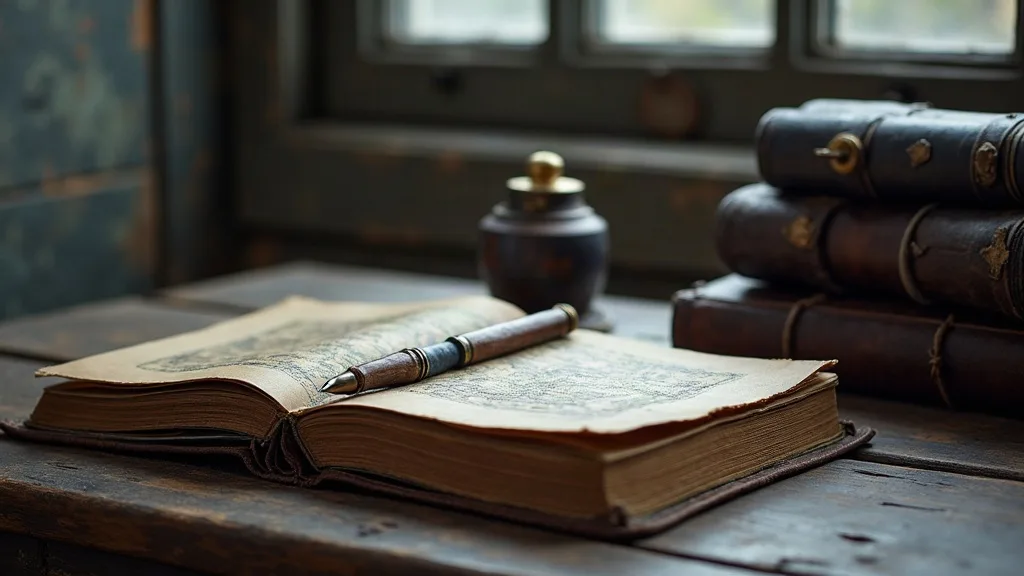 Journal de bord ouvert, plume posée sur la page et encrier de laiton sur une table de bois usée, près de la fenêtre.