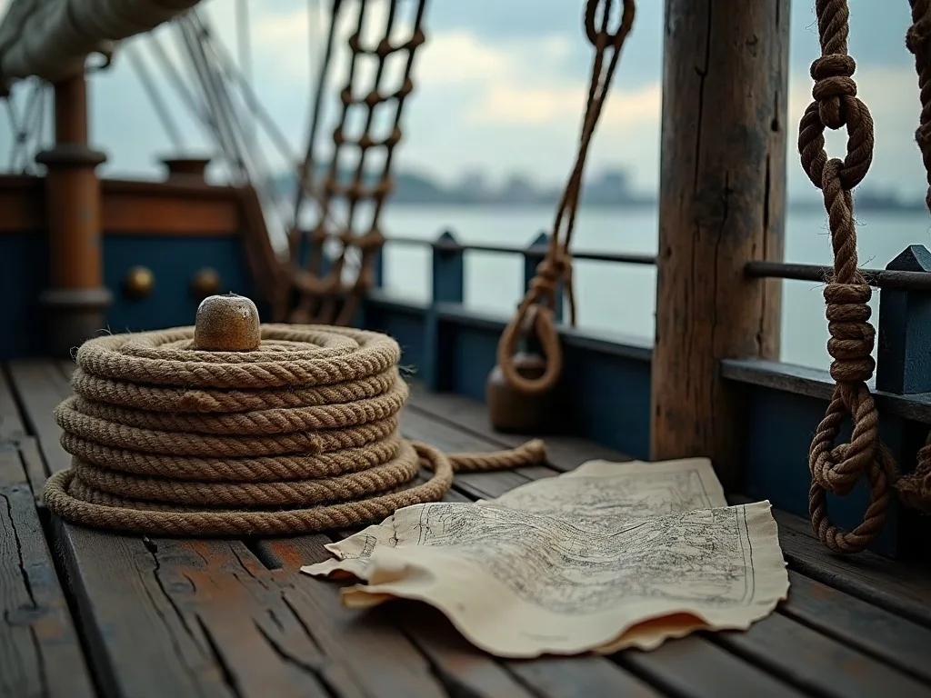 Cordage épais enroulé sur le pont d'un navire ancien, avec une carte marine et des nœuds de corde visibles en arrière-plan.