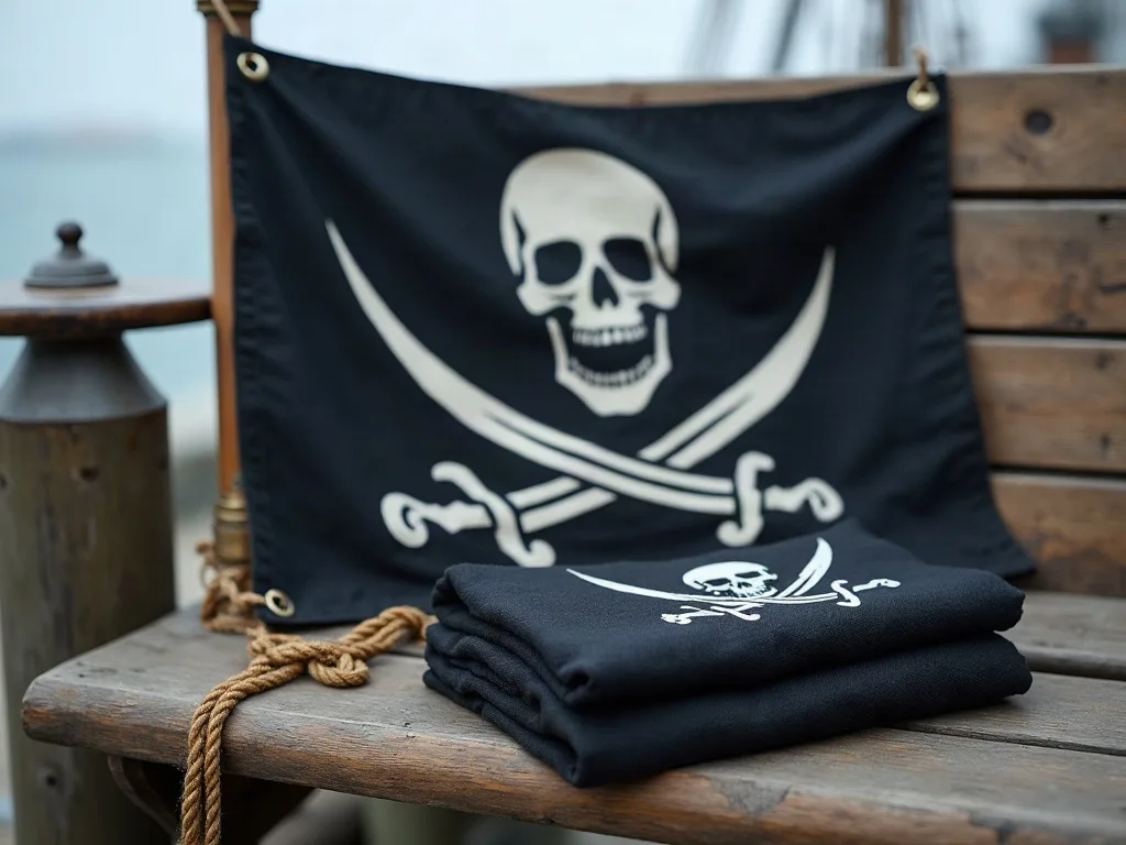 Pavillon noir à tête de mort tendu par ses œillets métalliques, second drapeau plié sur un banc en bois près d'un cordage.