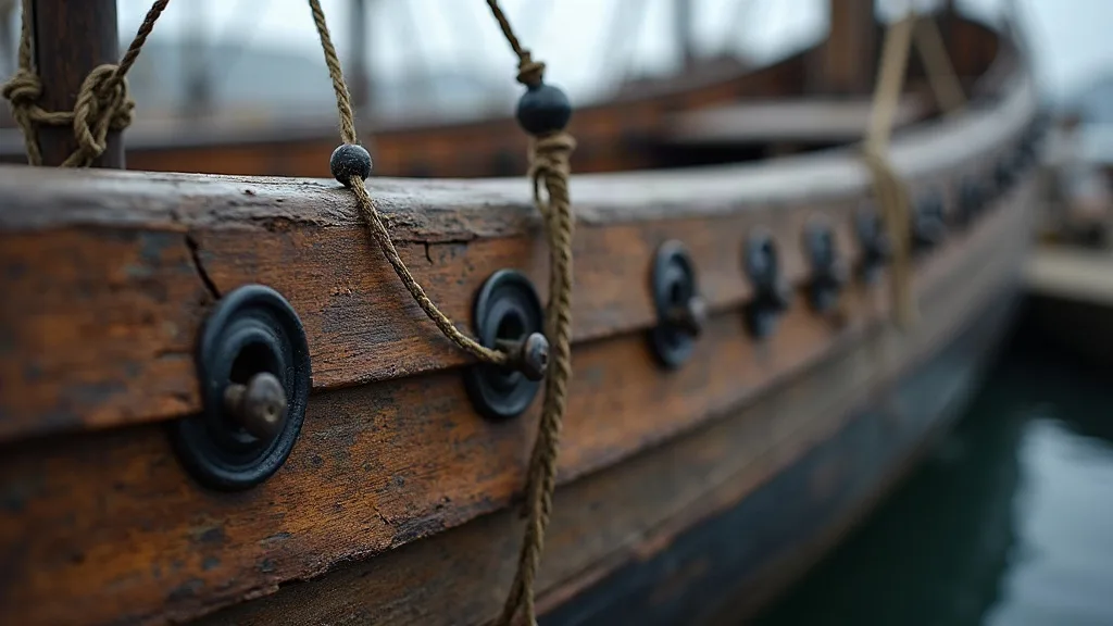 Bordé de chêne verni, rivets de fer noirci et cordages goudronnés le long de la coque à quai.