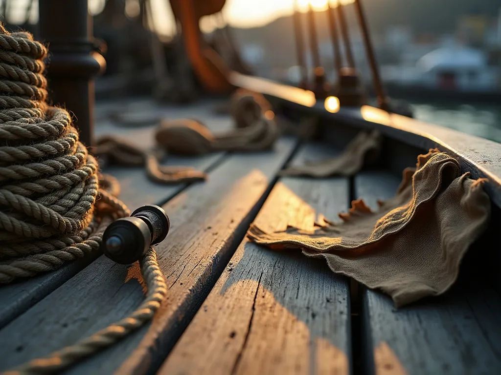 Cordages enroulés et tissus usés sur le pont de bois d'un navire, éclairés par la lumière dorée du coucher de soleil.
