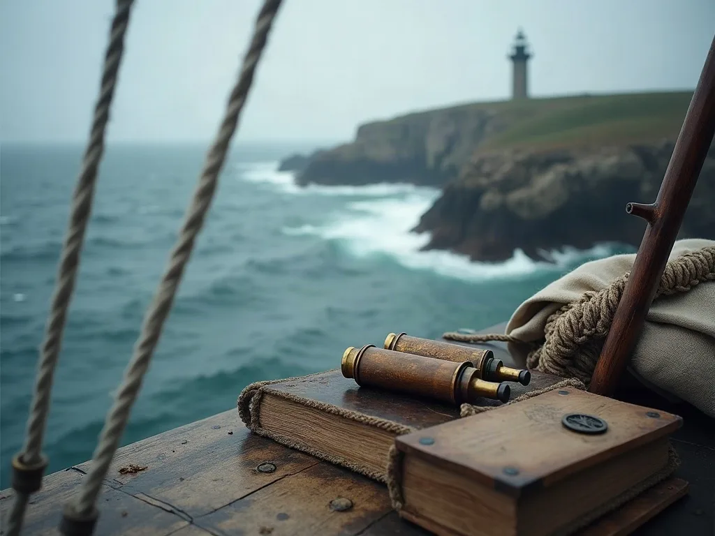Jumelles et livre de bord sur le pont d'un navire face à une côte rocheuse et un phare au loin.