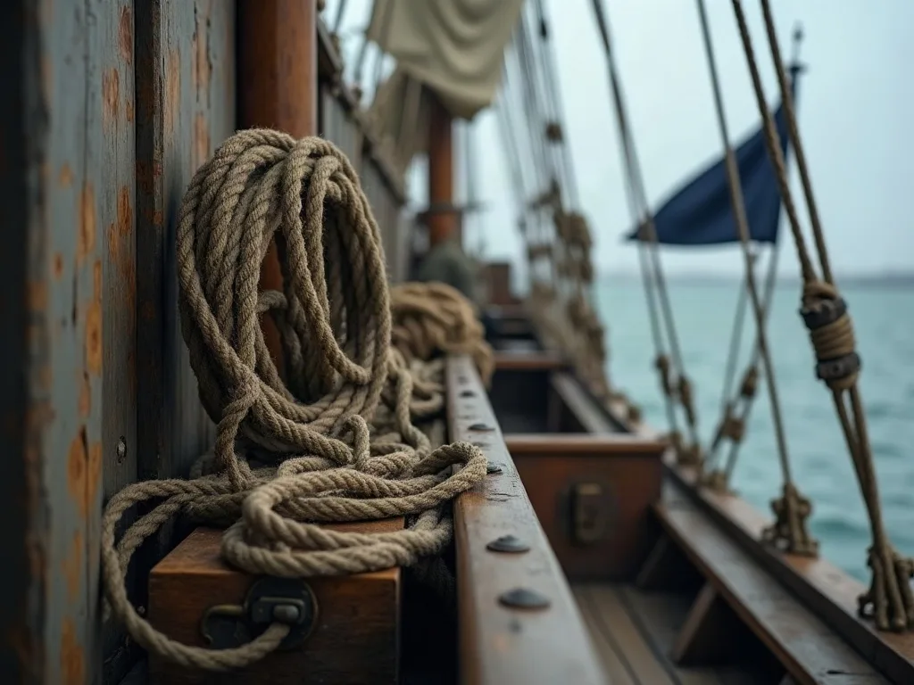 Cordages enroulés sur le bastingage usé d'un voilier ancien, avec mât et voiles visibles en arrière-plan.