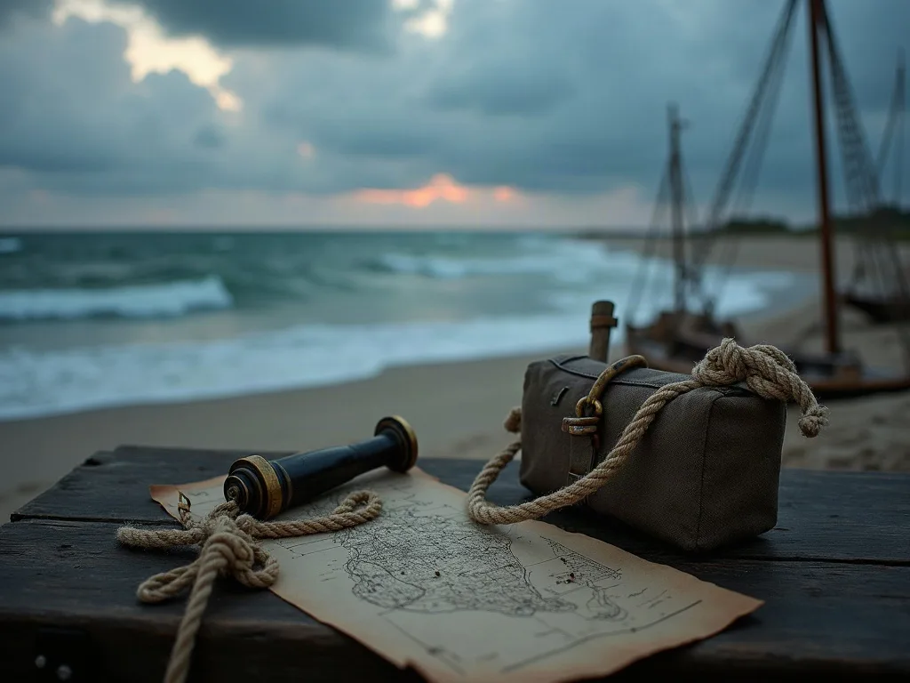 Longue-vue de laiton, carte marine froissée et cordage sur une table de bois face aux vagues courtes du rivage.