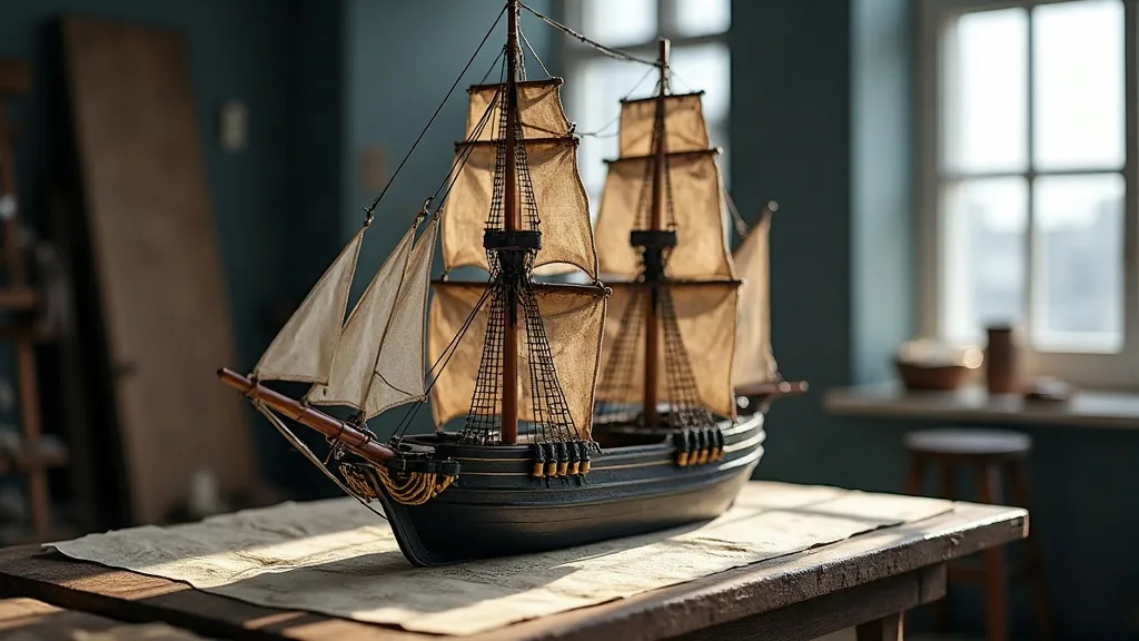 Maquette de frégate à trois mâts, coque sombre percée d'un rang de sabords d'aviron, posée sur une table d'atelier.