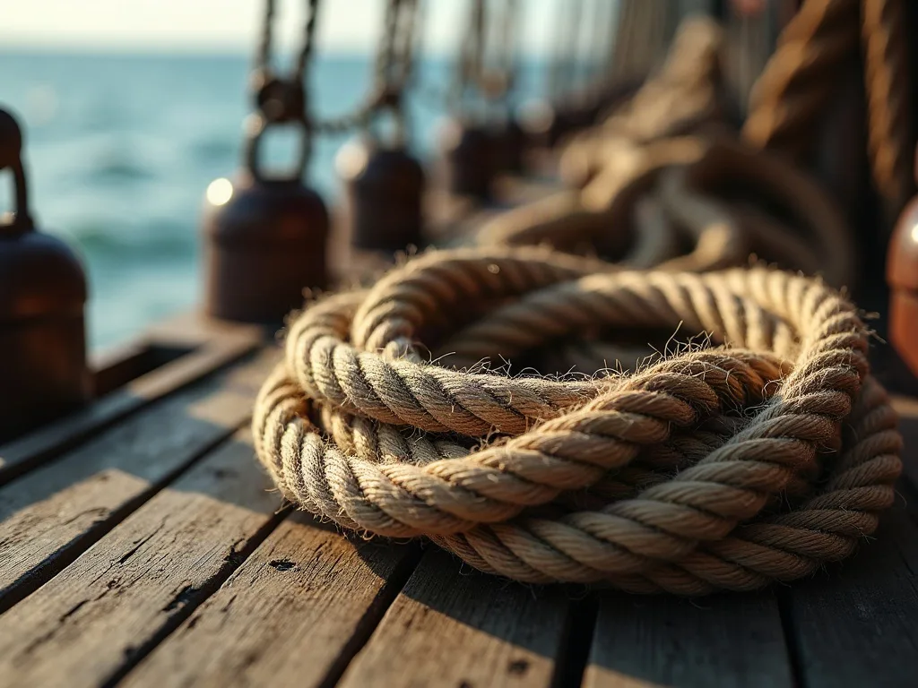 Cordage enroulé et usé sur le pont de bois d'un navire, avec la mer en arrière-plan et poulies de gréement.