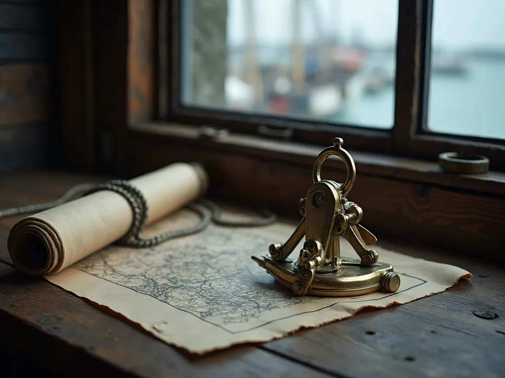 Instrument de visée en laiton posé sur une carte marine écornée, près d'un rouleau de toile, devant une fenêtre ouvrant sur le port.